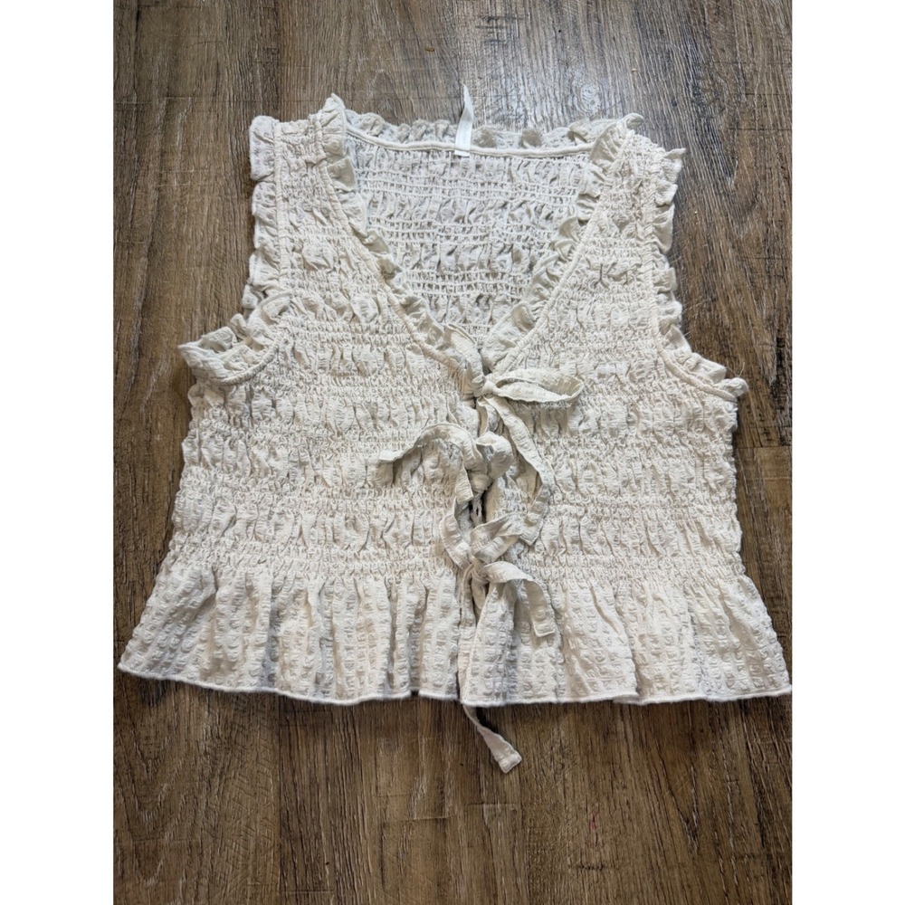 American Eagle Smocked Tie Front Vest Cream Ruffle Boho Sleeveless Top Small